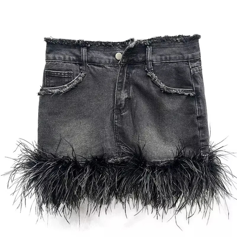 Lady Fashion Spring Summer Mini Skirts With Natural Feather Women's Streetwear Short Skirt Ostrich Fur