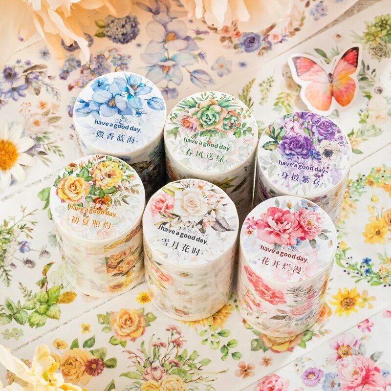 Yoofun-Cinta Washi de flores para diario, decoración de álbumes de recortes, cinta adhesiva Floral, papelería para hacer tarjetas, 6,5 cm x 2m