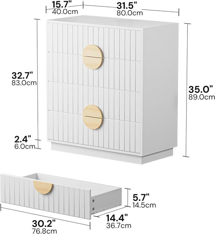 White 4 Drawer Chest Dresser 31.5" L x 15.75" W x 35.04" H, Wood Modern Clothes Organizer with Striped Textured Panel