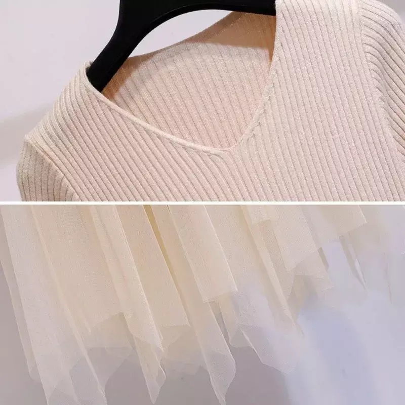 Korean Knitted Dress 2 Piece Sets Knitwears Bow Vest + Mesh Midi Dresses Conjuntos Spring Elegant Women Vestido Outfits N337