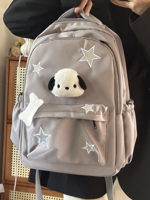 Bolsa escolar de grande capacidade para menina, mochila bordada estrela, bolsa de ombro cinza, bolsa de computador, bolsa de viagem, moda, Y2k