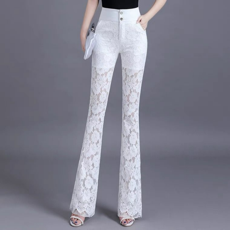 Корейские модные летние расклешенные брюки, женские однотонные Лоскутные кружевные на пуговицах, на молнии, с карманами, дышащие, с высокой талией, облегающие прямые брюки