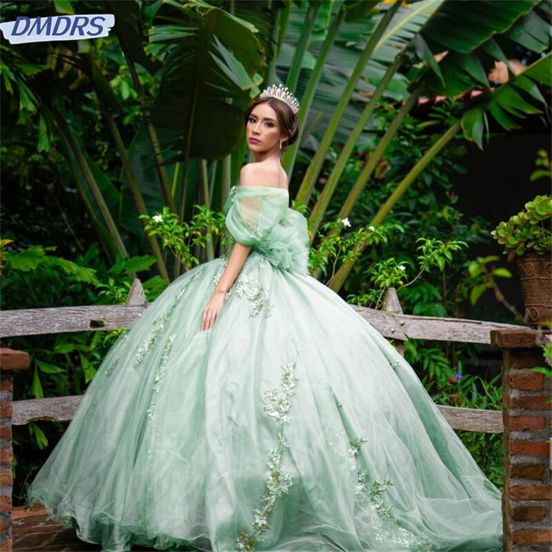 Элегантное блестящее платье принцессы с открытыми плечами, кружевное милое бальное платье 16 цветов с аппликацией и бусинами