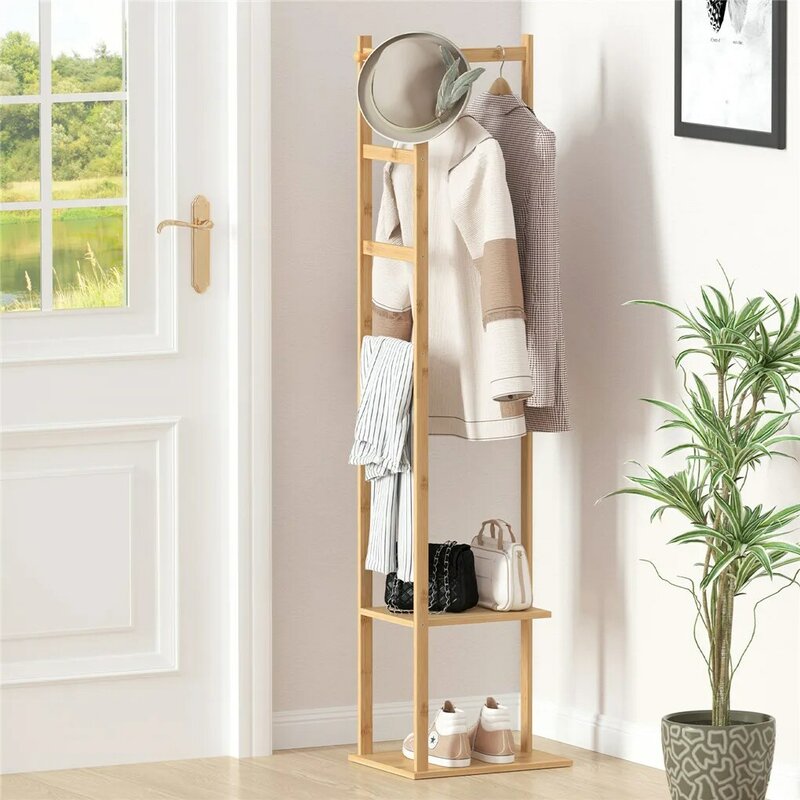 Bamboo Garment Rack, Clothing Rack with 2 Tier Storage Shelves, Wooden Garment Rack, Clothes Hanging Rack, Cloest Organizer