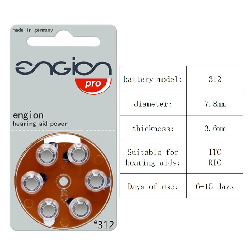 60 PCS Engion batteria per apparecchi acustici zinco-aria ad alte prestazioni E312 A312 312A ZA312 312 PR41U batteria per apparecchi acustici CIC RIC BTE