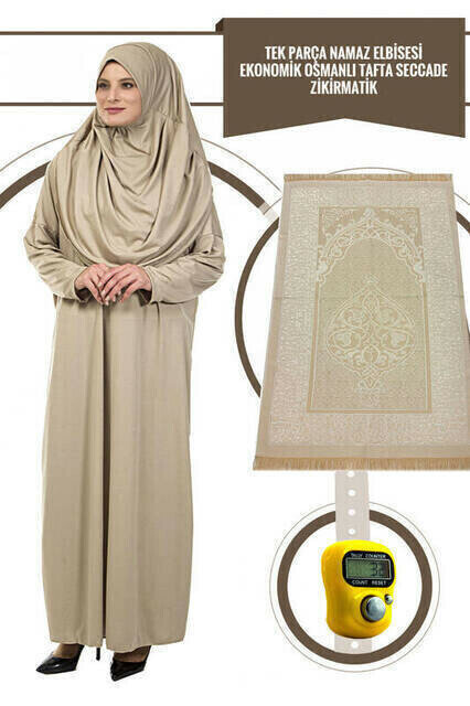 IQRAH jednoczęściowa suknia modlitewna-Mink-5015 i dywan modlitewny i Zikirmatik-potrójny garnitur