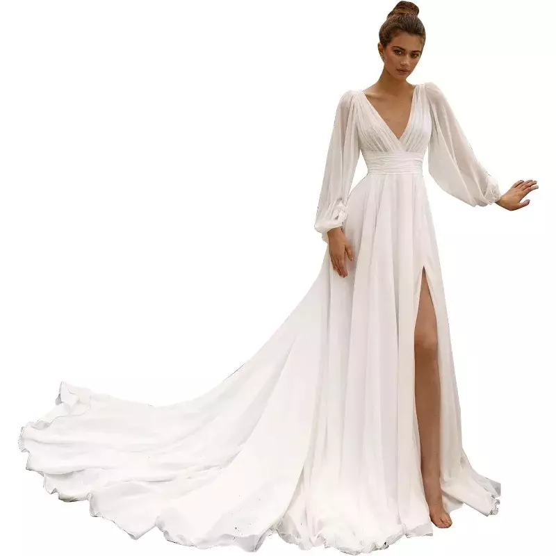 Wakuta Long Sleeve Prom Dress V Neck Empire Waist Slit A Line Chiffon Beach Wedding Dresses платья длинные вечерние with Train
