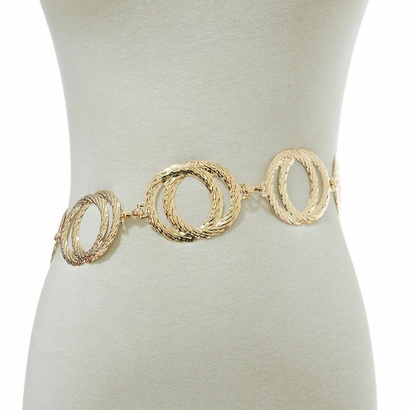 Sabuk rantai logam wanita, rantai pinggang bulat unik dua cincin Punk Hiphop Vintage emas perak