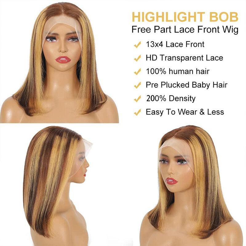 Highlight Lace Front Bob Wig Human Hair Ombre Honey Blonde 13x4 Hd Lace Front Wigs Human Hair Pre Plucked Free Part 4/27 Wigs