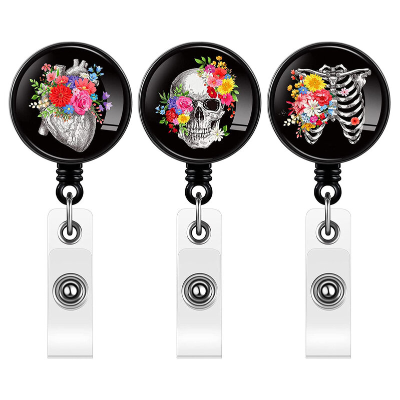 Porte-Badge à motif Floral, tête de mort, cœur, squelette, gouttes de colle, porte-carte d'identité rétractable, porte-carte