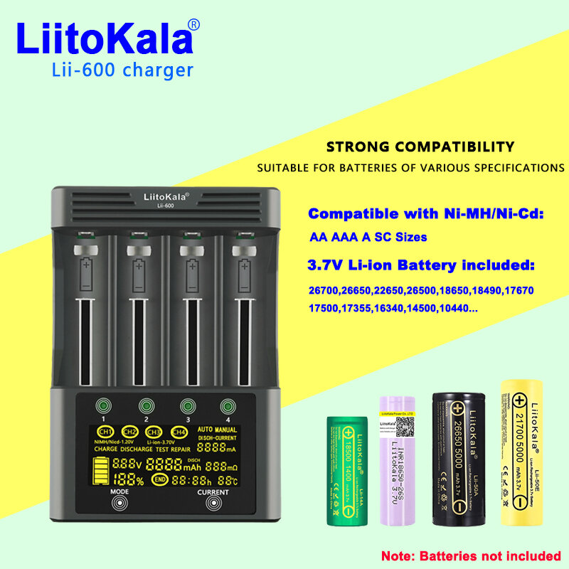 充電器LiitoKala-Lii-600 Vおよびnimh,3.7v,1.2,18650, 26650,aa,aaa,12v5aに適しています