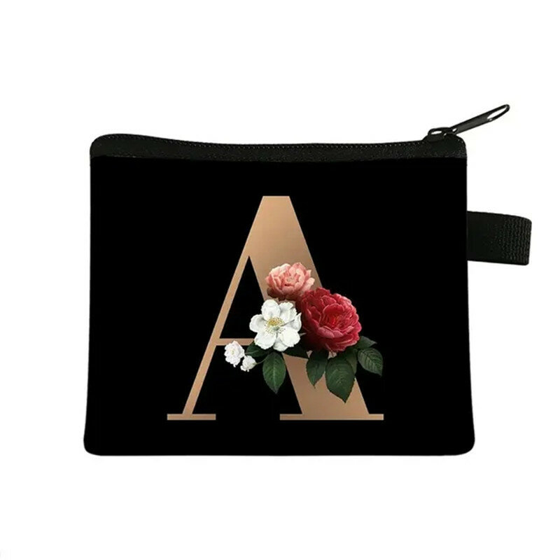 Fashion 26 Initials Flower Coin Purses A-Z Letter Women Men Mini Wallet Keychain Zipper Pouch Kawaii Money Holder Bag Gift Bag