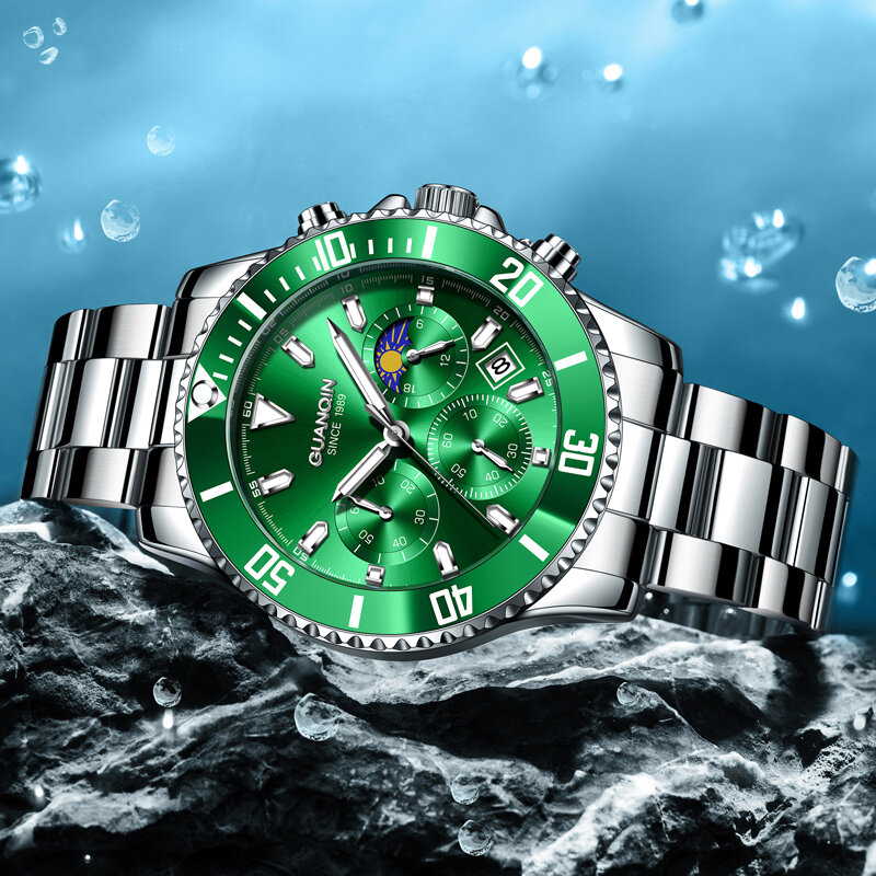 Новые мужские кварцевые часы Guanqin 2024, модные водонепроницаемые мужские зеленые часы из нержавеющей стали, мужские многофункциональные светящиеся часы