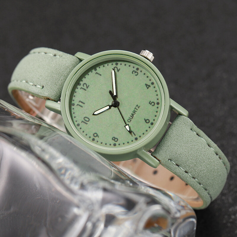 Reloj de cuarzo con correa de cuero verde para mujer y niña, pulsera de flores, conjunto de 2 piezas