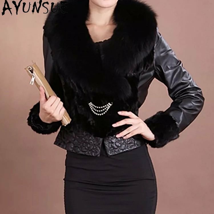 Yunsue-レザージャケット,女性用本物のシープスキンジャケット,ショートスリムミンク,毛皮のコート,軽量,綿のコート,キツネの毛皮の襟