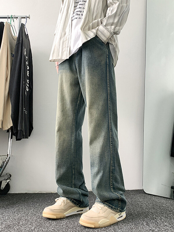 2024 nuovi Jeans svasati da uomo estivi moda coreana High Street Retro blu gamba larga pantaloni Casual in Denim pantaloni dritti larghi Jean