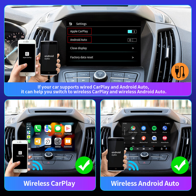 CarAIBOX Dongle mobil tanpa kabel, Dongle Wireless Android Auto Box 2in 1 untuk Radio mobil dengan kabel CarPlay