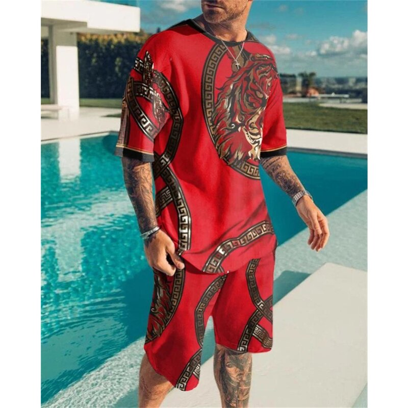 Neue Sommer übergroße europäische und amerikanische Männer trend ige lässige Strand Stil 3D digital bedruckte T-Shirt, Shorts, Sportswear-Set