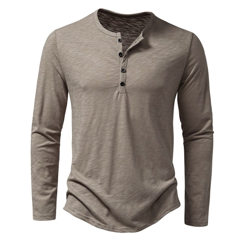 Camisa de cuello Henley con botones de algodón para hombre, manga larga, Casual, botón, color sólido, camisetas de moda