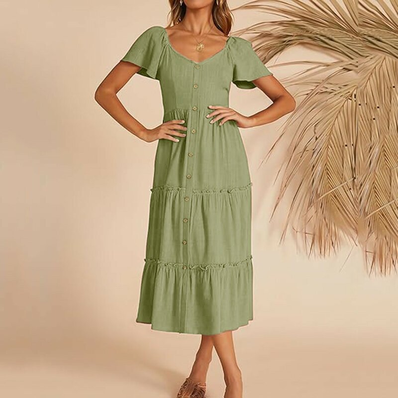 V-Neck Vintage Pleated Long Dress Women Summer Short Sleeve Buttoned Tiered Ruffle Elegant Midi Dress Boho Solid Casual Dresses