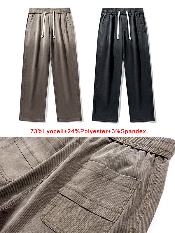 Spring Autumn Men's Jeans Fashion Gradient Drawstring Lyocell Wide-Leg Straight Denim Pants Casual Cotton Baggy Jean Trousers