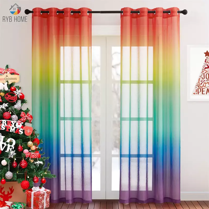 RYB HOME-Rideaux transparents dégradés arc-en-ciel colorés, rideau en tulle pour salon, rideaux de fenêtre pour chambre à coucher, décoration de la maison pour enfants