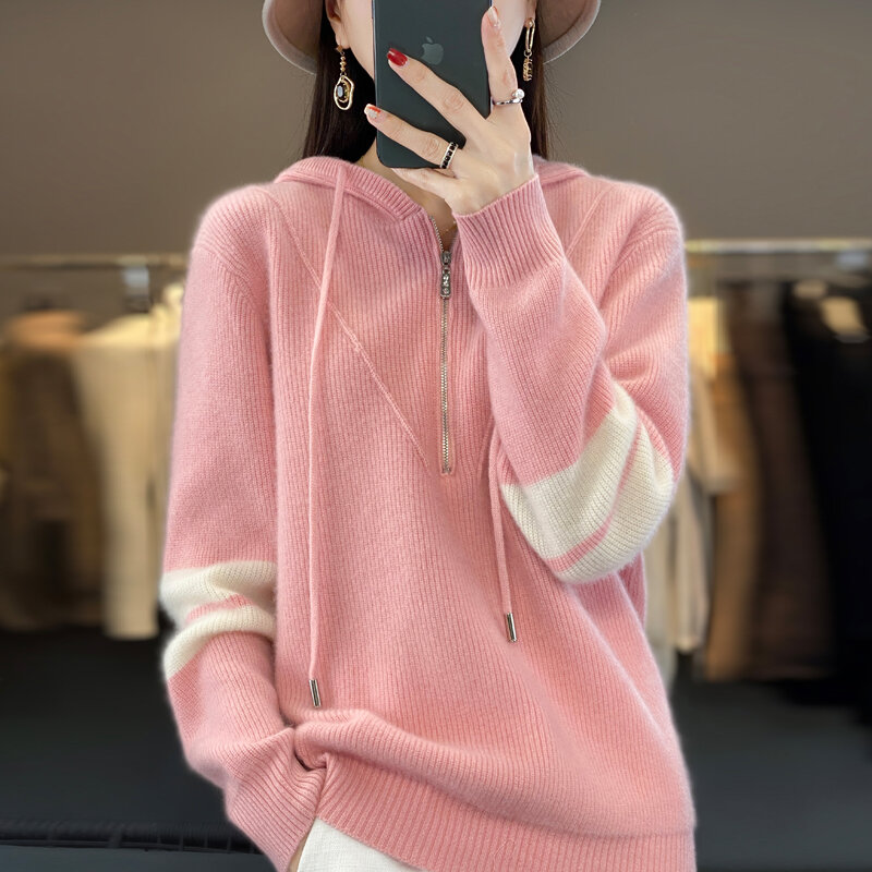 Autumn and winter new hooded zipper thickened 100% wool sweater women's casual color matching fashion knitted contrast sweater