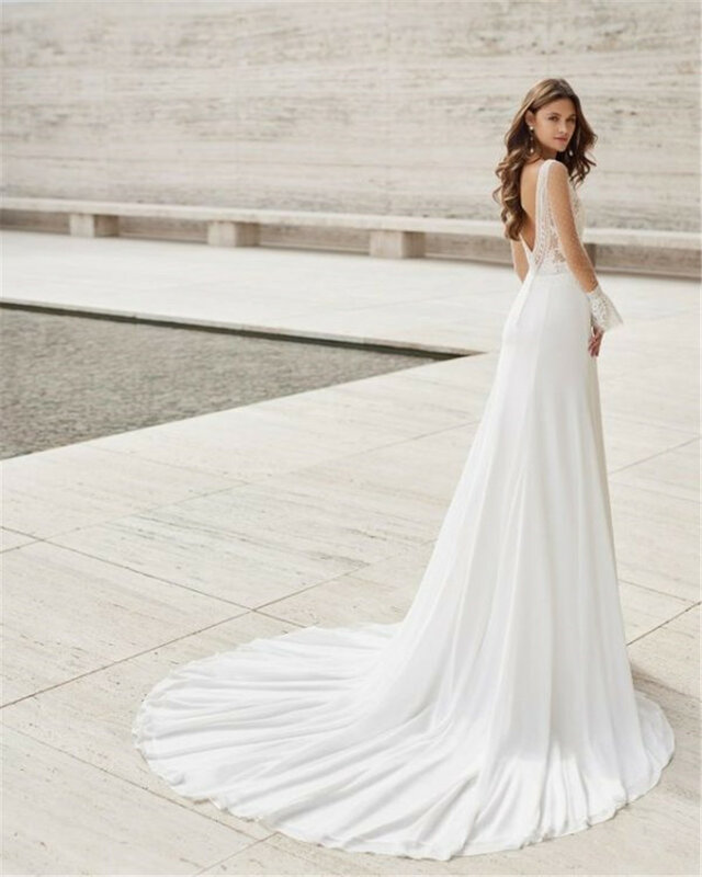 Винтажное свадебное платье с длинным рукавом, V-образным вырезом и драпировкой