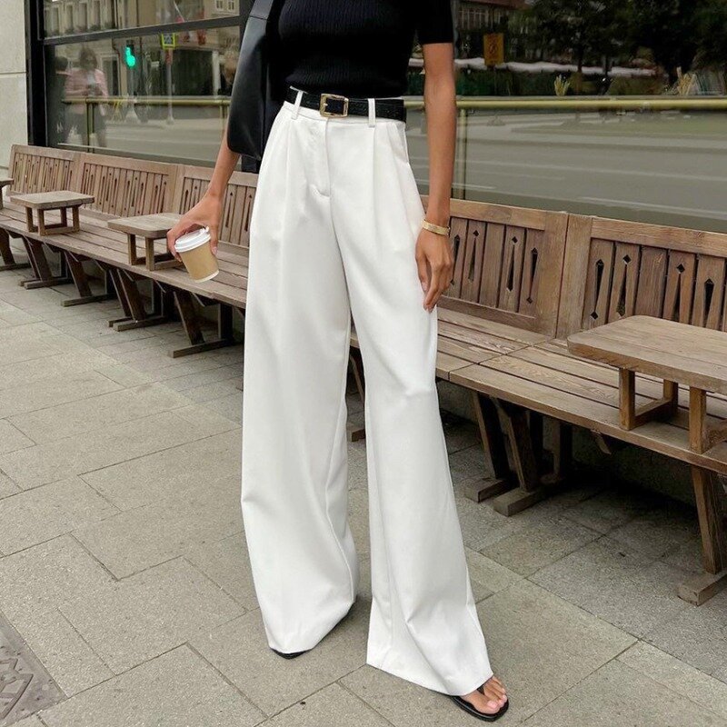 Pantalon d'été blanc taille haute pour femmes, vêtements simples et décontractés