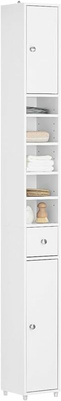 White Slim Tall Bathroom Storage Cabinet with 1 Drawer 2 Doors Adjustable Shelves Freestanding Bathroom Storage Cabinet Shelf