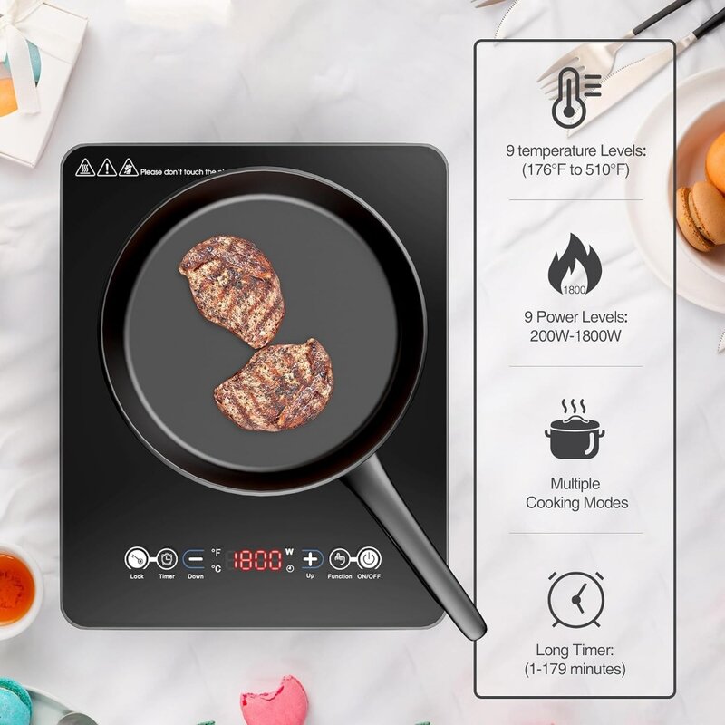 1800W Sensor Touch Single Electric Cooktops Countertop Stove With 9 Temperature & Power Levels, 3-hour Timer, Safety Lock