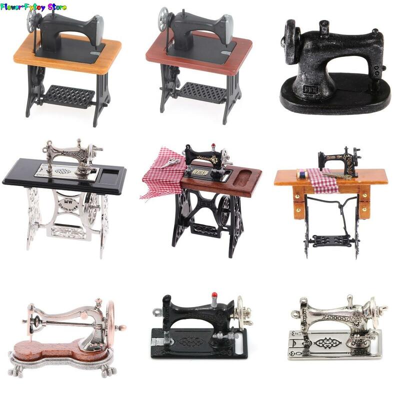 Máquina de coser de madera en miniatura, muebles con tijeras de hilo, accesorios para casa de muñecas, juguetes para niñas y niños, decoración de casa de muñecas