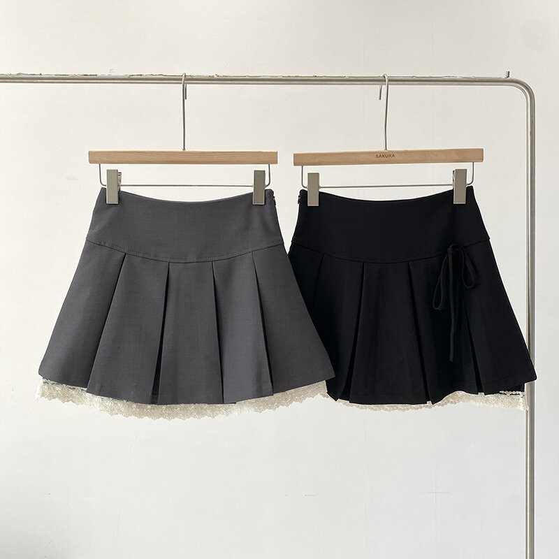 Винтажная мини-юбка женская кружевная, уличная одежда в стиле пэчворк на шнуровке с украшениями, летняя плиссированная юбка-трапеция с защитой от перенапряжения
