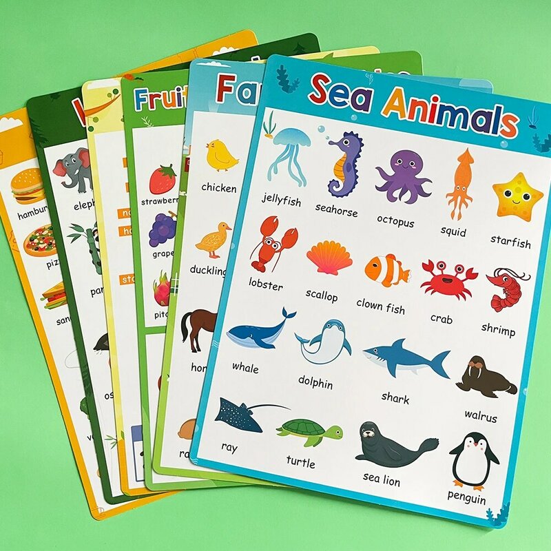 어린이용 영어 포스터, 농장 바다 야생 동물 단어 카드, 인지 장난감, 음식 내 몸 교육 학습 포스터, 6 개