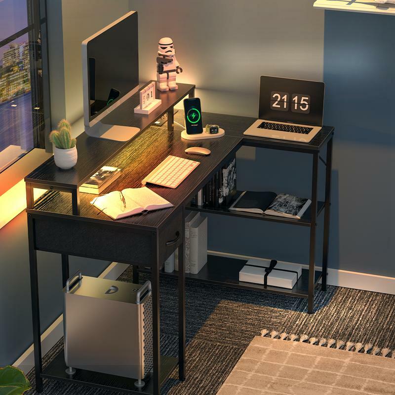 Meja game bentuk RJARE L dengan outlet Liger LED, meja komputer bolak-balik dengan rak laci, meja sudut meja kantor rumah