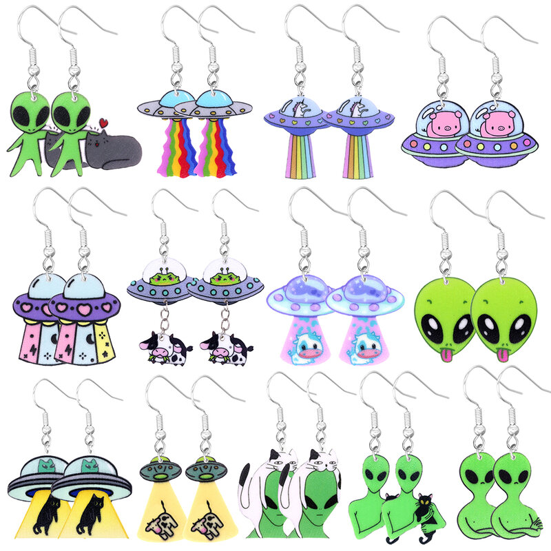 재미있는 만화 UFO 동물 디자인 댕글 귀걸이, 귀여운 파티 스타일 아크릴 주얼리, 사랑스러운 여성 선물
