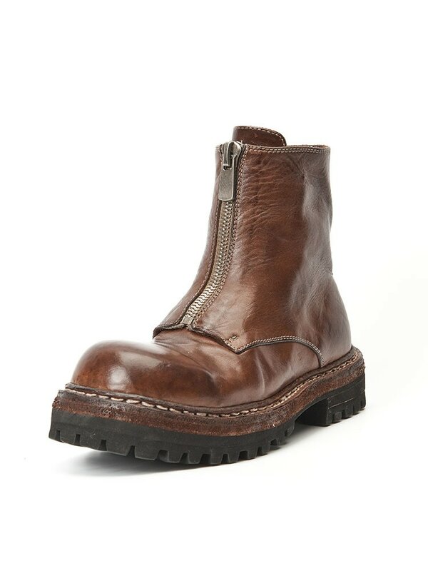 Sepatu bot kulit asli pria, sneaker Ankle Platform tebal jempol bulat, ritsleting depan Vintage untuk lelaki