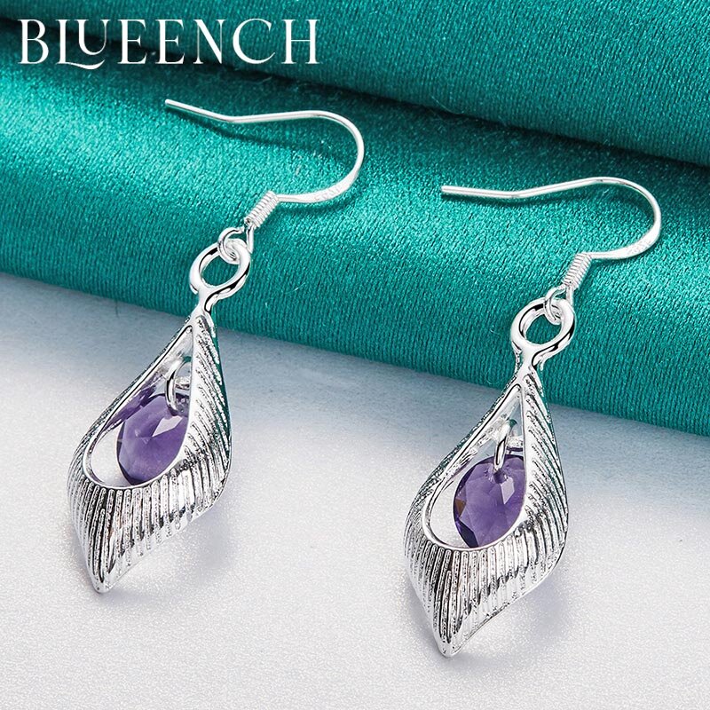 Blueench 925 Sterling Silver Purple Zircon Drop Earrings Pendant Suitable For Ladies Wedding Parties Fashion Charm Jewelry