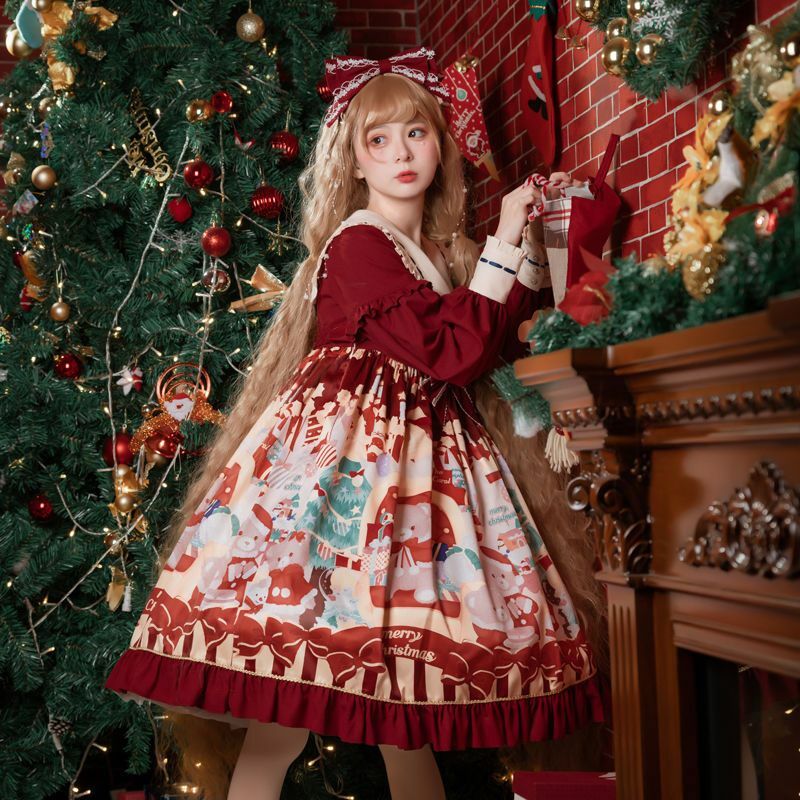 Vestido de Natal Kawaii feminino Lolita, Princesa Vestido de Festa, Cintura Alta, Ruffle, Puff Manga Longa, Vermelho, Desenhos Animados, Doce, Ano Novo