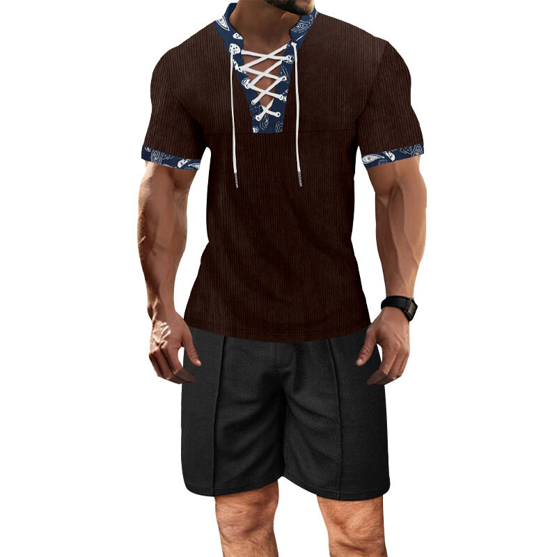 ชุดสูท2024สำหรับผู้ชายเสื้อยืดแขนสั้นผ้าลูกฟูกลำลองกางเกงขาสั้นชุดกีฬาสำหรับผู้ชายฤดูร้อน