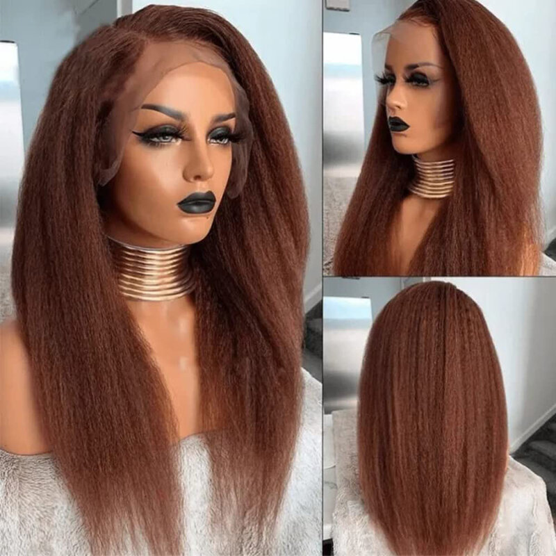Wig rambut manusia lurus Kinky warna coklat kemerahan 13x6 HD Wig depan renda sebelum dipetik Indian Yaki lurus coklat renda Frontal 180%