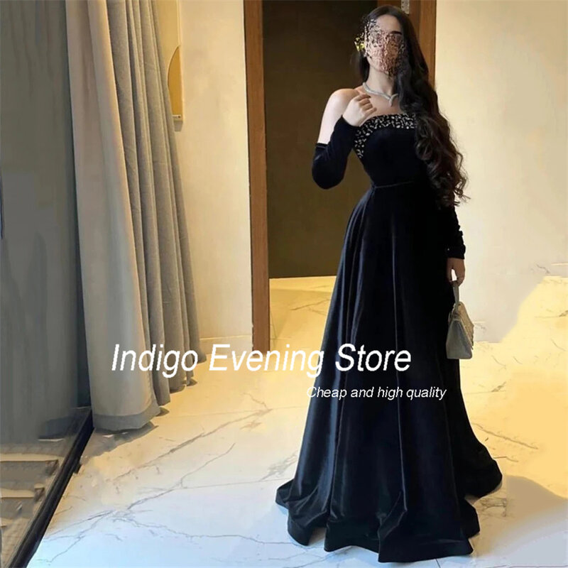 Indaco Prom Dress a-line senza spalline che borda mezza manica lunghezza del pavimento strass di raso eleganti abiti da sera per le donne muslimypye