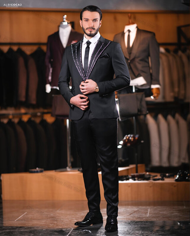 Conjunto de trajes negros de 2 piezas para hombre, chaqueta hecha a medida con solapa ostentosa, abrigo de esmoquin Formal para oficina, negocios, novio, boda