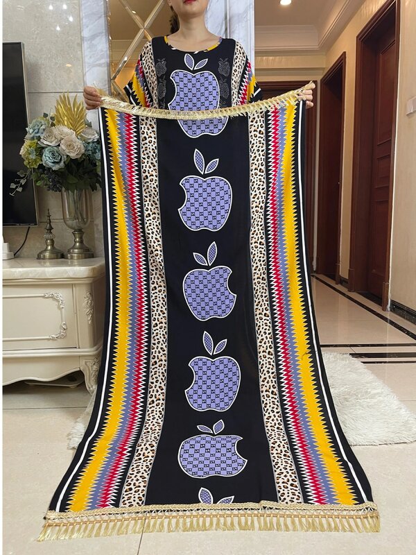 2024Hot Selling Short Sleeve African Dress With Big Scarf  Floral Print  Long Cotton Lady Elegant Summer Maxi Casual Loose Abaya