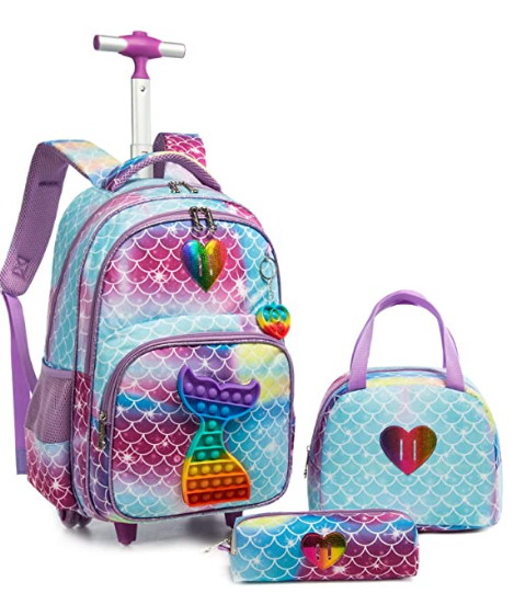3PCS Girls Rolling Backpacks for school Kids School Backpack with Wheels for School Trolley Bags Children Rolling Luggage Bags