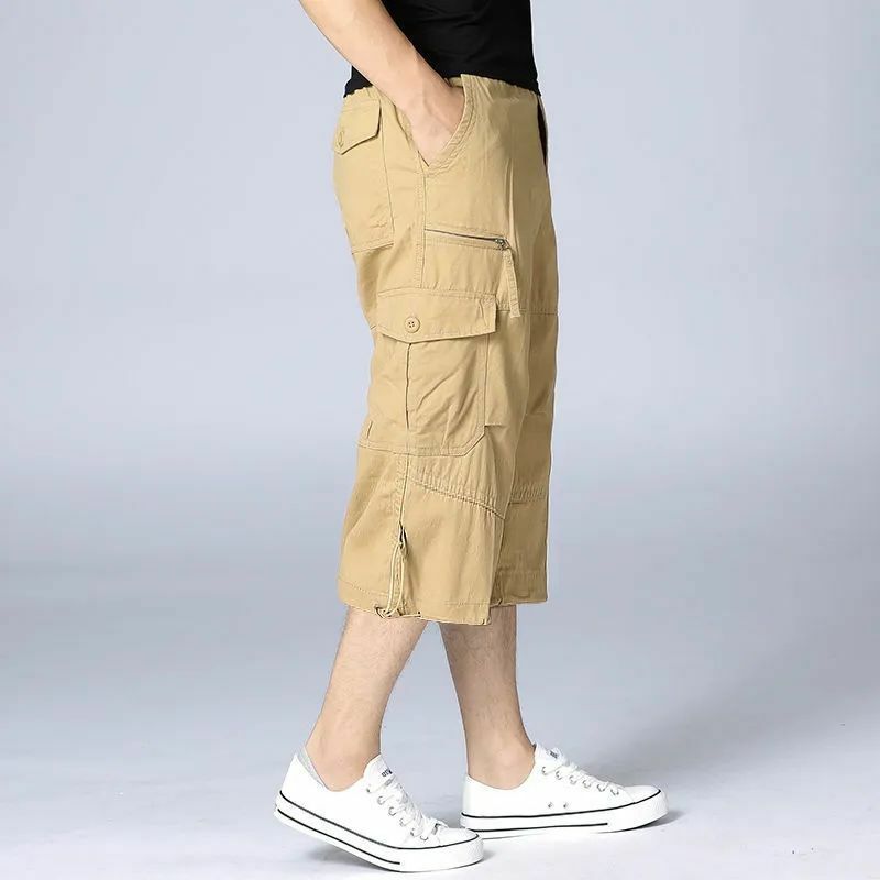 กางเกงคาร์โก้ขาสั้นทรงตรงสีพื้นสำหรับใหม่ผู้ชายฤดูร้อนกางเกงขาสั้นแนวสปอร์ตแนววินเทจสำหรับผู้ชาย