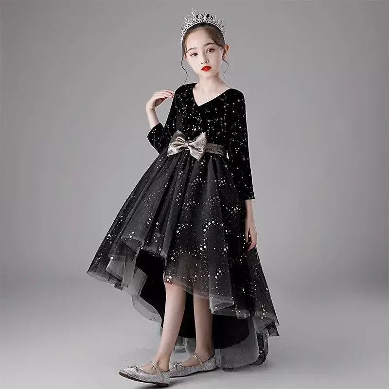 Piano performance flower girl princess nero a maniche lunghe performance per bambini host stage walk dress