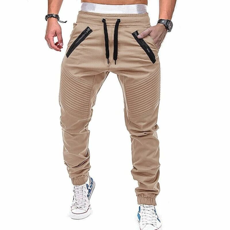 Men's Pure Cotton Workwear Pants, Jogging Pants, Travel Tactics Drawstring Elastic Multiple Pockets, Solid Color Casual Pants