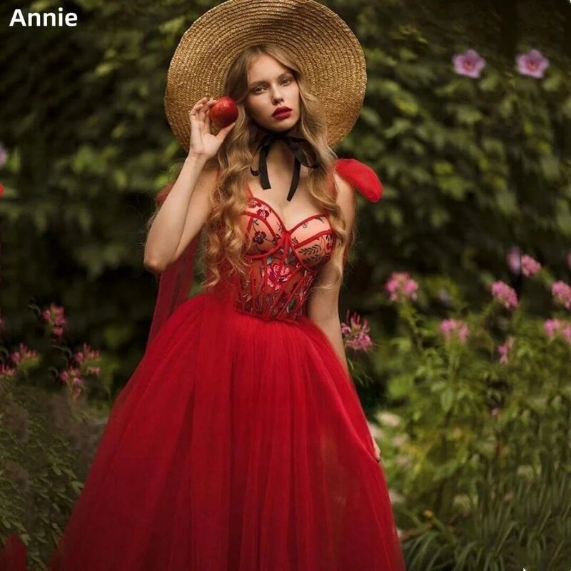 Annie rot Schatz Tüll Ball Kleid Bogen mit Applikation Mieder A-Linie Krawatte Hochzeits feier Dress فستان سفرة Irizean ير