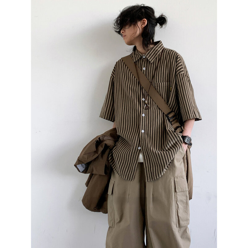 メンズ半袖ストライプシャツ,日本のレトロなスタイルの生地,カジュアルな作業服,ボタン付き,夏